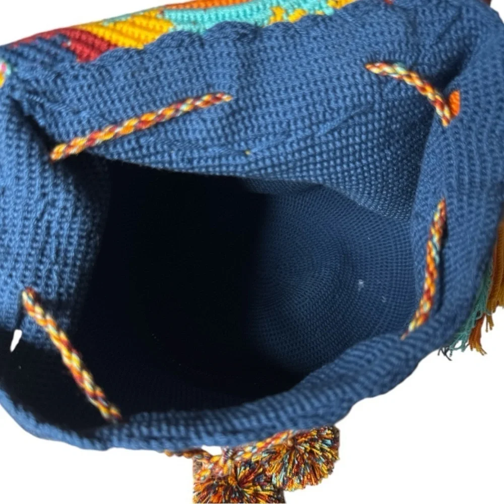 Wayuu Crystal Medallion Crochet Pom Pom Bag Flap Top